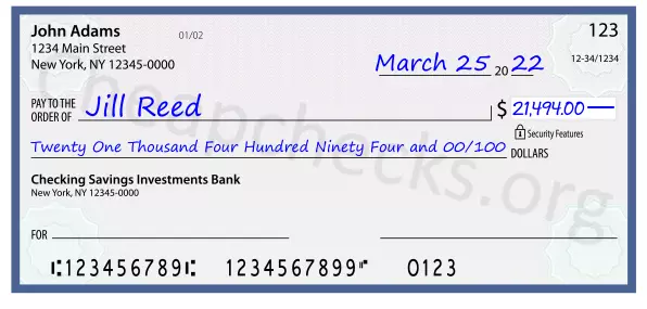 Twenty One Thousand Four Hundred Ninety Four and 00/100 filled out on a check