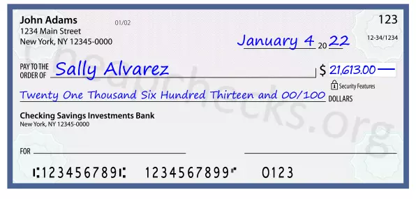 Twenty One Thousand Six Hundred Thirteen and 00/100 filled out on a check