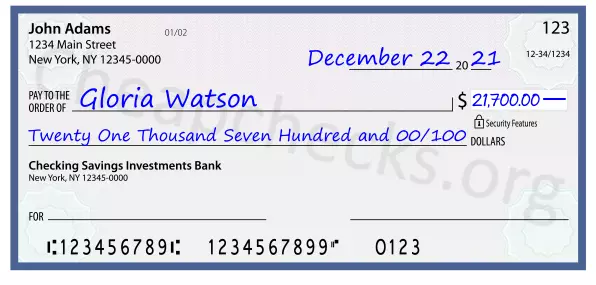 Twenty One Thousand Seven Hundred and 00/100 filled out on a check