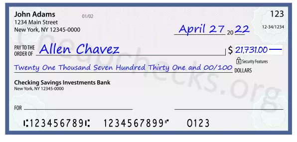 Twenty One Thousand Seven Hundred Thirty One and 00/100 filled out on a check