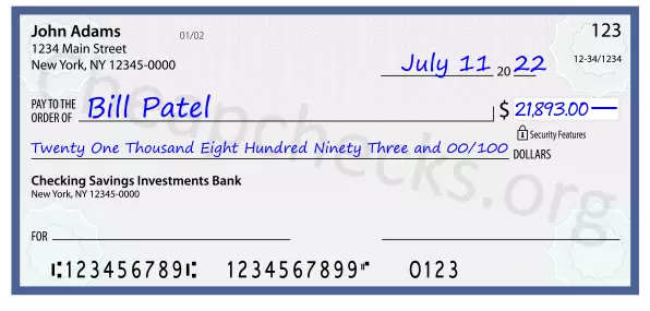 Twenty One Thousand Eight Hundred Ninety Three and 00/100 filled out on a check