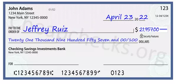 Twenty One Thousand Nine Hundred Fifty Seven and 00/100 filled out on a check