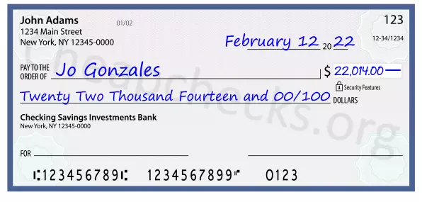 Twenty Two Thousand Fourteen and 00/100 filled out on a check