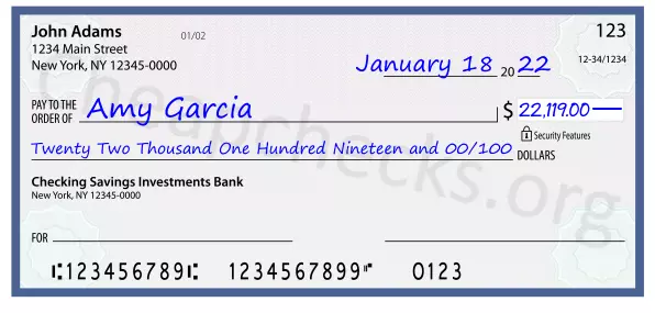 Twenty Two Thousand One Hundred Nineteen and 00/100 filled out on a check