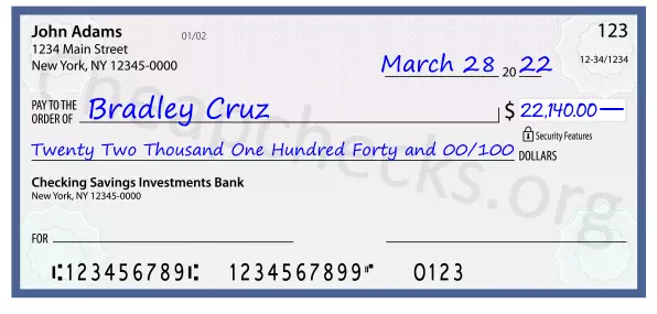 Twenty Two Thousand One Hundred Forty and 00/100 filled out on a check