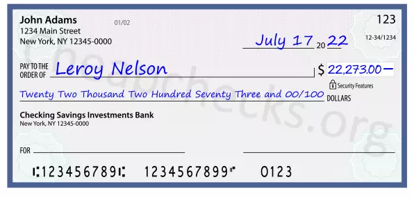 Twenty Two Thousand Two Hundred Seventy Three and 00/100 filled out on a check