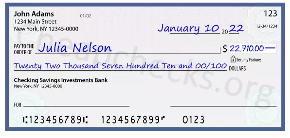 Twenty Two Thousand Seven Hundred Ten and 00/100 filled out on a check