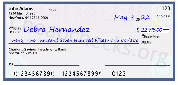 Twenty Two Thousand Seven Hundred Fifteen and 00/100 filled out on a check