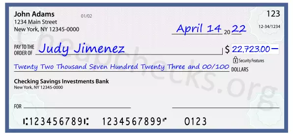 Twenty Two Thousand Seven Hundred Twenty Three and 00/100 filled out on a check