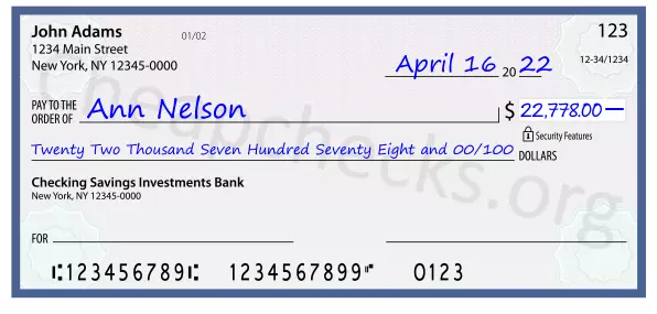 Twenty Two Thousand Seven Hundred Seventy Eight and 00/100 filled out on a check