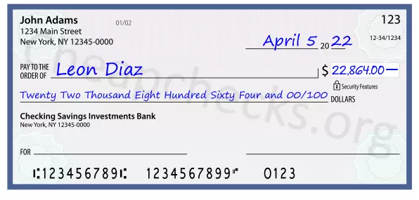 Twenty Two Thousand Eight Hundred Sixty Four and 00/100 filled out on a check