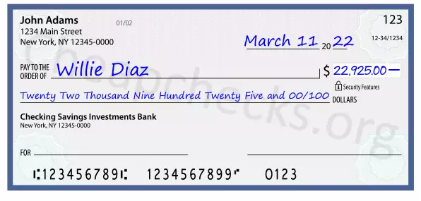 Twenty Two Thousand Nine Hundred Twenty Five and 00/100 filled out on a check