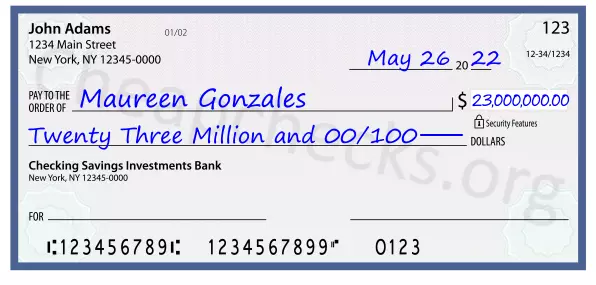 Twenty Three Million and 00/100 filled out on a check