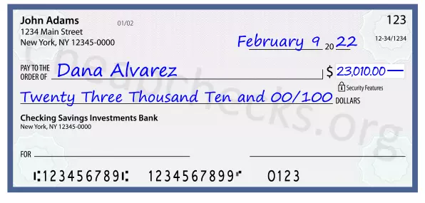 Twenty Three Thousand Ten and 00/100 filled out on a check