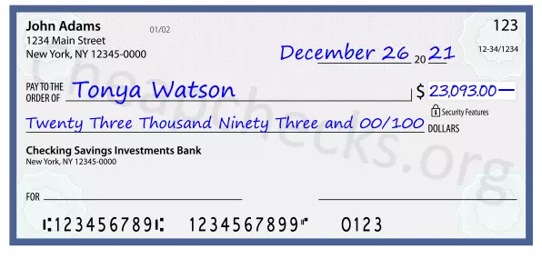 Twenty Three Thousand Ninety Three and 00/100 filled out on a check