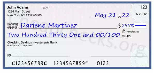 Two Hundred Thirty One and 00/100 filled out on a check