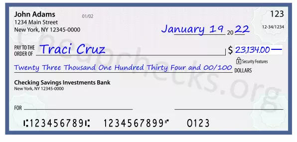 Twenty Three Thousand One Hundred Thirty Four and 00/100 filled out on a check