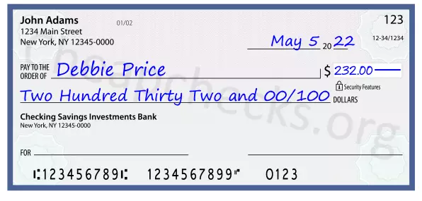 Two Hundred Thirty Two and 00/100 filled out on a check