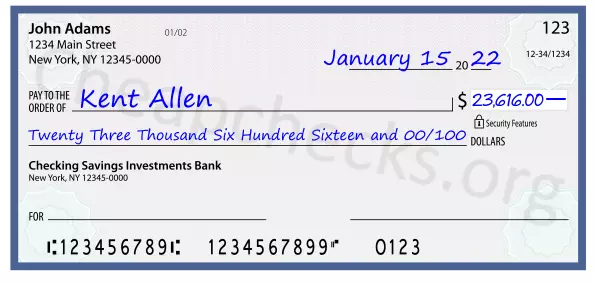 Twenty Three Thousand Six Hundred Sixteen and 00/100 filled out on a check