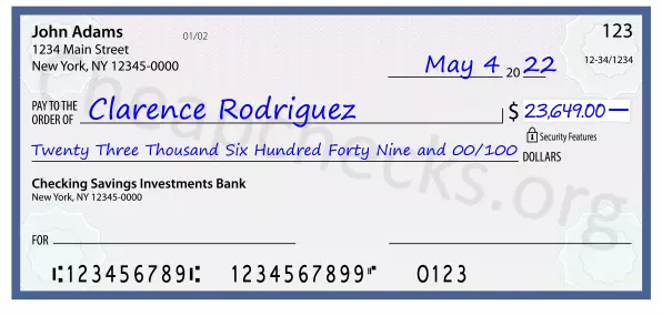 Twenty Three Thousand Six Hundred Forty Nine and 00/100 filled out on a check