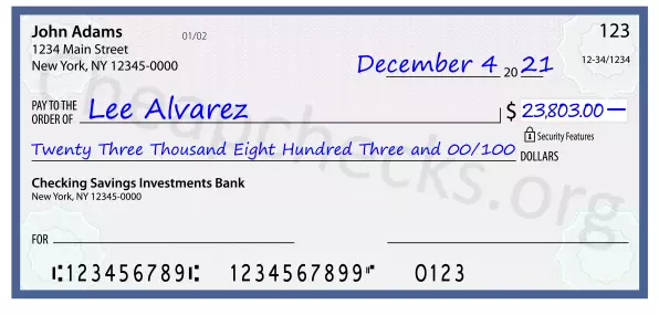 Twenty Three Thousand Eight Hundred Three and 00/100 filled out on a check