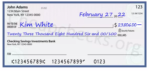 Twenty Three Thousand Eight Hundred Six and 00/100 filled out on a check