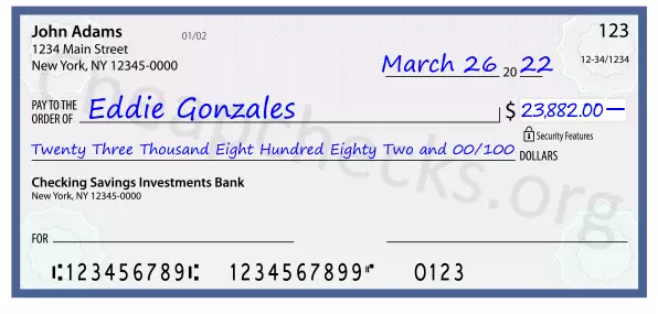 Twenty Three Thousand Eight Hundred Eighty Two and 00/100 filled out on a check