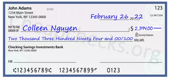 Two Thousand Three Hundred Ninety Four and 00/100 filled out on a check