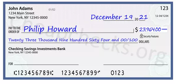 Twenty Three Thousand Nine Hundred Sixty Four and 00/100 filled out on a check