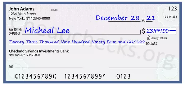 Twenty Three Thousand Nine Hundred Ninety Four and 00/100 filled out on a check