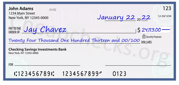 Twenty Four Thousand One Hundred Thirteen and 00/100 filled out on a check