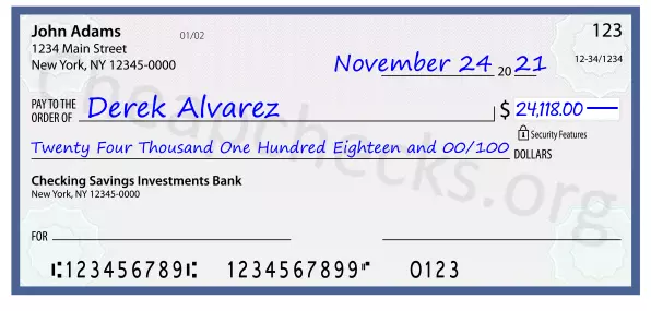 Twenty Four Thousand One Hundred Eighteen and 00/100 filled out on a check