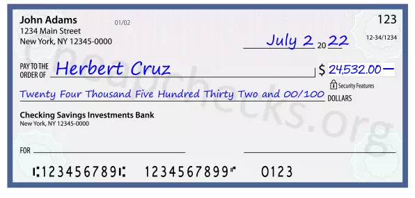 Twenty Four Thousand Five Hundred Thirty Two and 00/100 filled out on a check