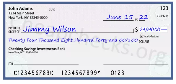 Twenty Four Thousand Eight Hundred Forty and 00/100 filled out on a check