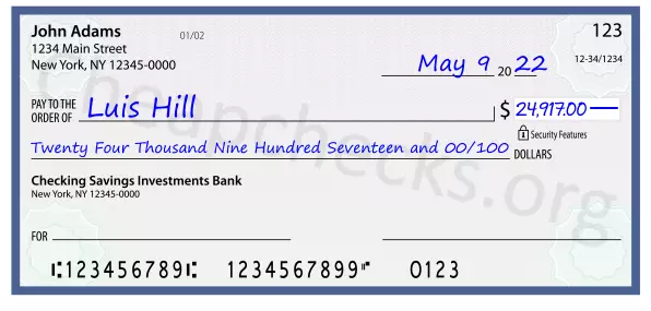 Twenty Four Thousand Nine Hundred Seventeen and 00/100 filled out on a check