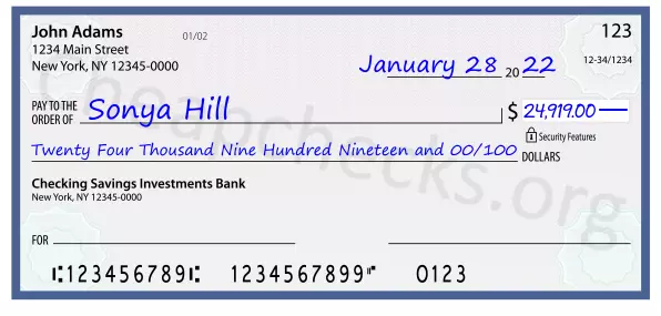 Twenty Four Thousand Nine Hundred Nineteen and 00/100 filled out on a check