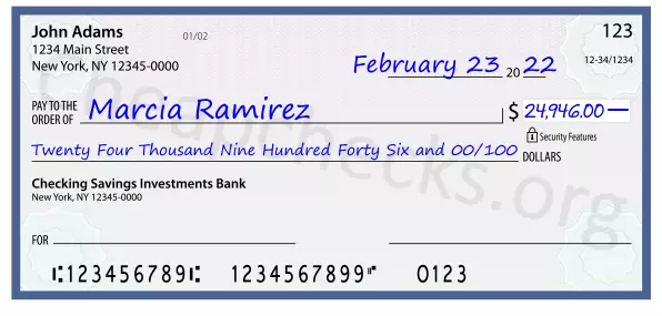 Twenty Four Thousand Nine Hundred Forty Six and 00/100 filled out on a check