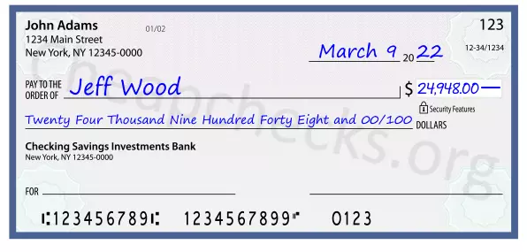 Twenty Four Thousand Nine Hundred Forty Eight and 00/100 filled out on a check