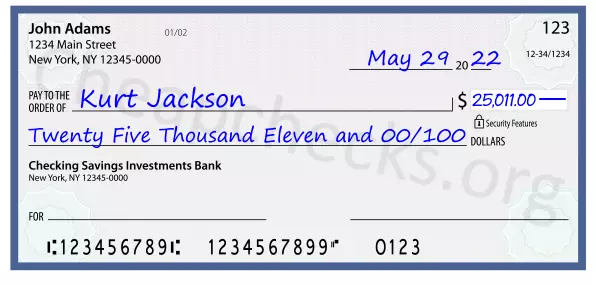 Twenty Five Thousand Eleven and 00/100 filled out on a check