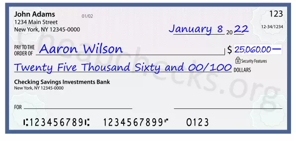 Twenty Five Thousand Sixty and 00/100 filled out on a check