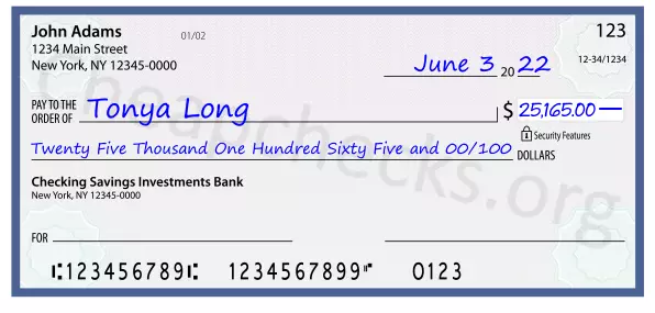 Twenty Five Thousand One Hundred Sixty Five and 00/100 filled out on a check