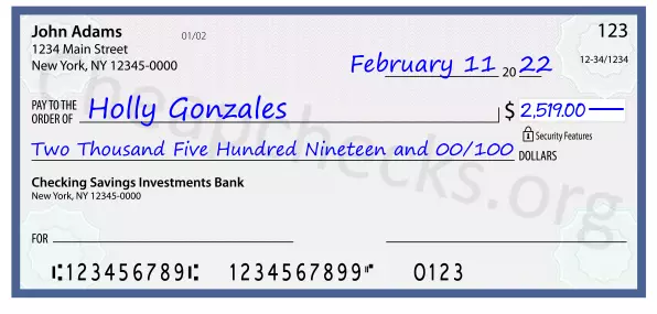 Two Thousand Five Hundred Nineteen and 00/100 filled out on a check