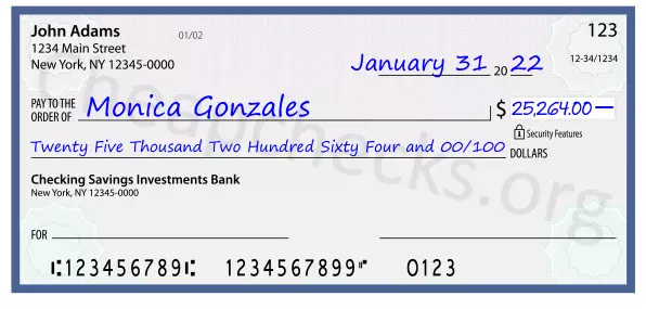 Twenty Five Thousand Two Hundred Sixty Four and 00/100 filled out on a check