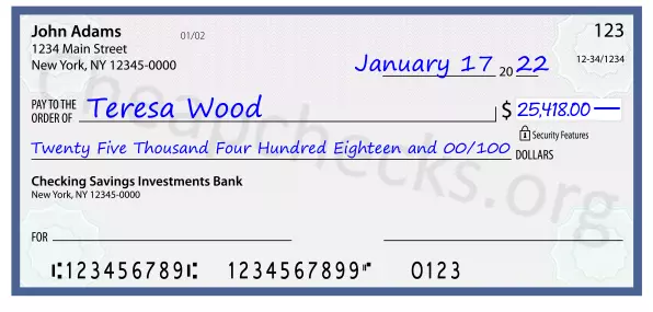 Twenty Five Thousand Four Hundred Eighteen and 00/100 filled out on a check