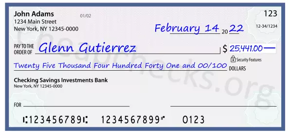 Twenty Five Thousand Four Hundred Forty One and 00/100 filled out on a check