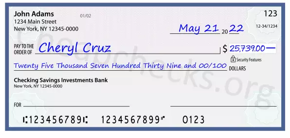 Twenty Five Thousand Seven Hundred Thirty Nine and 00/100 filled out on a check