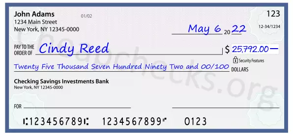 Twenty Five Thousand Seven Hundred Ninety Two and 00/100 filled out on a check