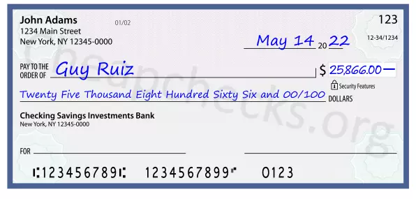 Twenty Five Thousand Eight Hundred Sixty Six and 00/100 filled out on a check