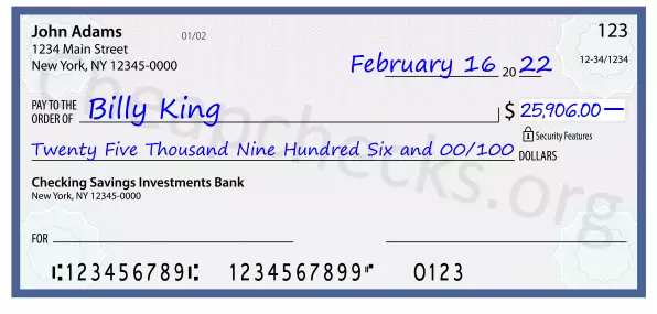 Twenty Five Thousand Nine Hundred Six and 00/100 filled out on a check