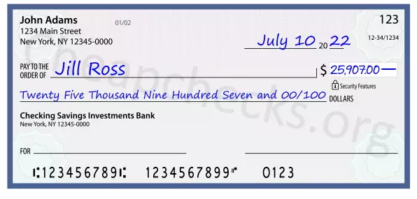 Twenty Five Thousand Nine Hundred Seven and 00/100 filled out on a check